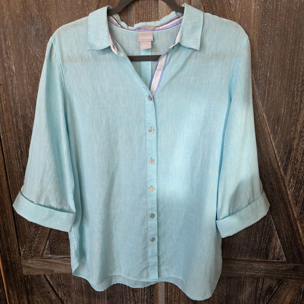 Chico's Shirt Women's Size 2 US Size 12 Aqua 100% Linen No Iron Button Up
